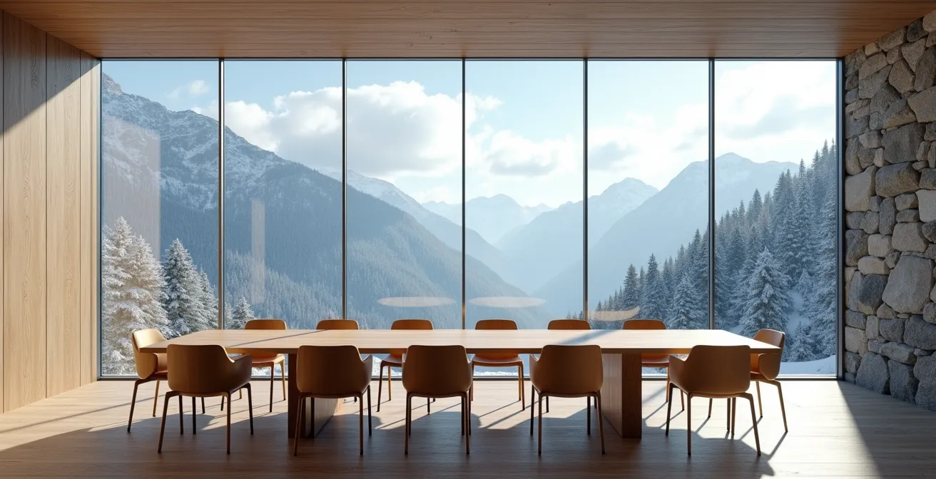 Salle de séminaire moderne avec vue panoramique sur les montagnes