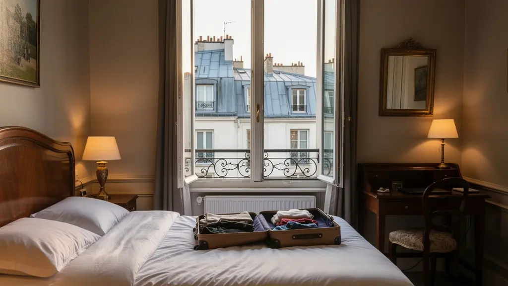 Chambre d'hôtel parisien avec vue sur les toits et mobilier classique