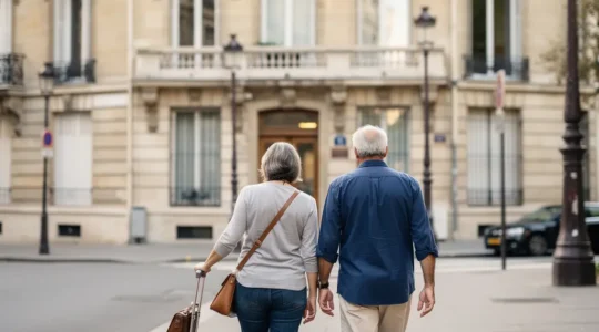 Couple de voyageurs arrivant devant un hôtel haussmannien du 8ème arrondissement de Paris