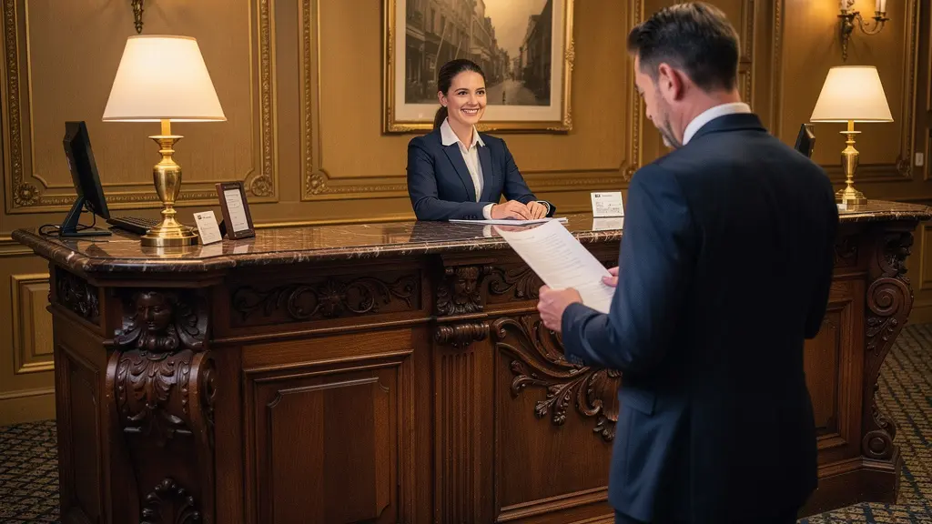 Hall d'accueil d'un hôtel parisien traditionnel avec comptoir en bois