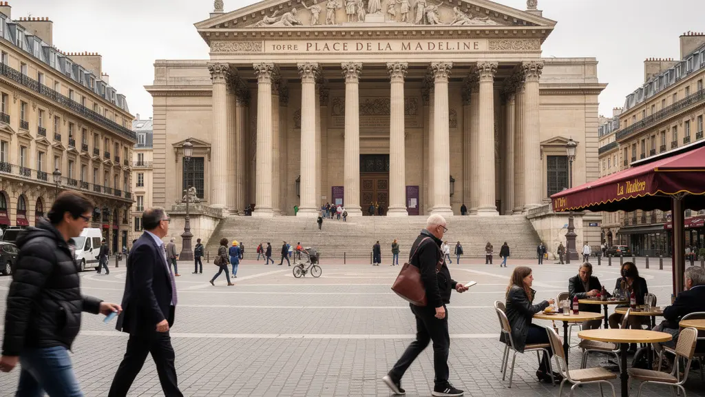 Place de la Madeleine à Paris avec église et terrasses de café