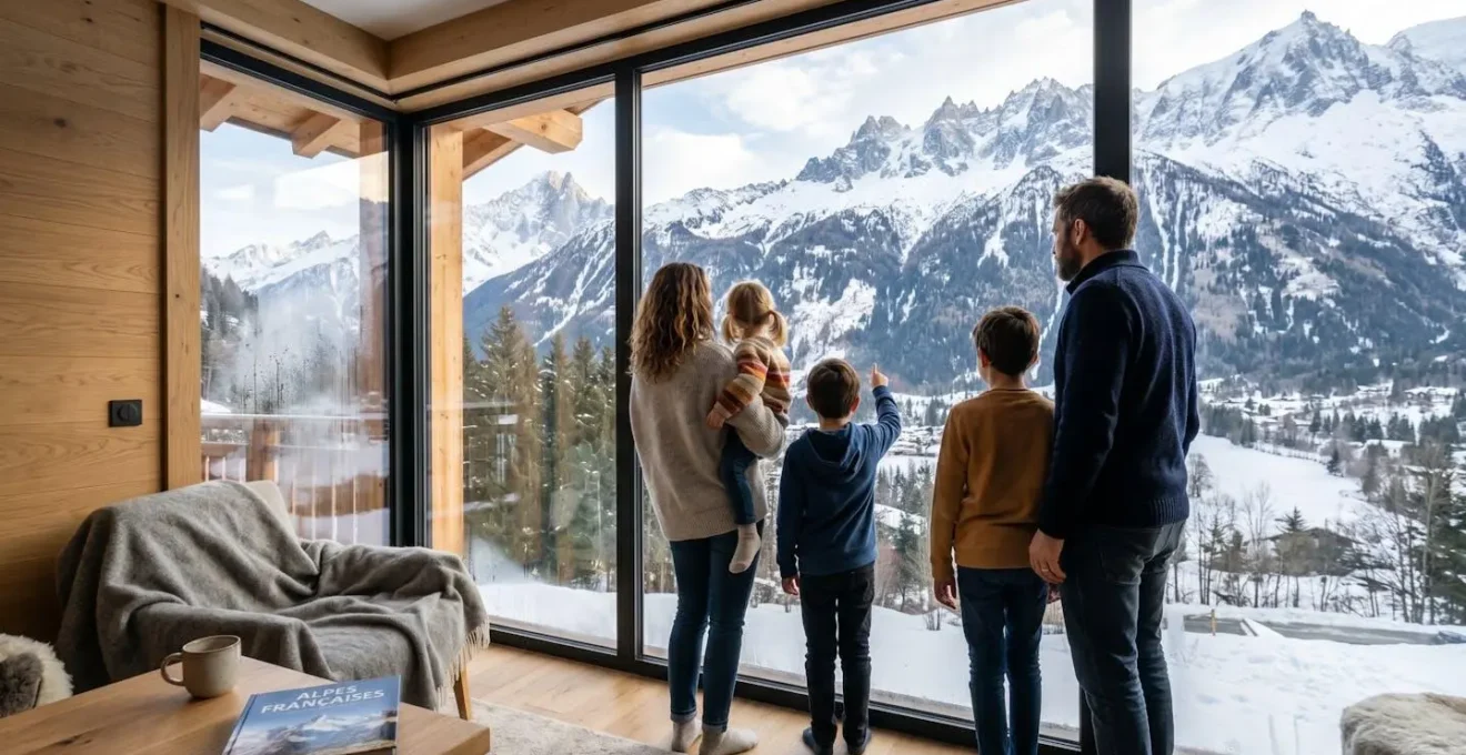 Une famille de quatre personnes observent le paysage montagnard enneigé depuis la fenêtre de leur chambre d'hôtel contemporaine aux tons chaleureux