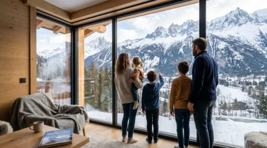Une famille de quatre personnes observent le paysage montagnard enneigé depuis la fenêtre de leur chambre d'hôtel contemporaine aux tons chaleureux