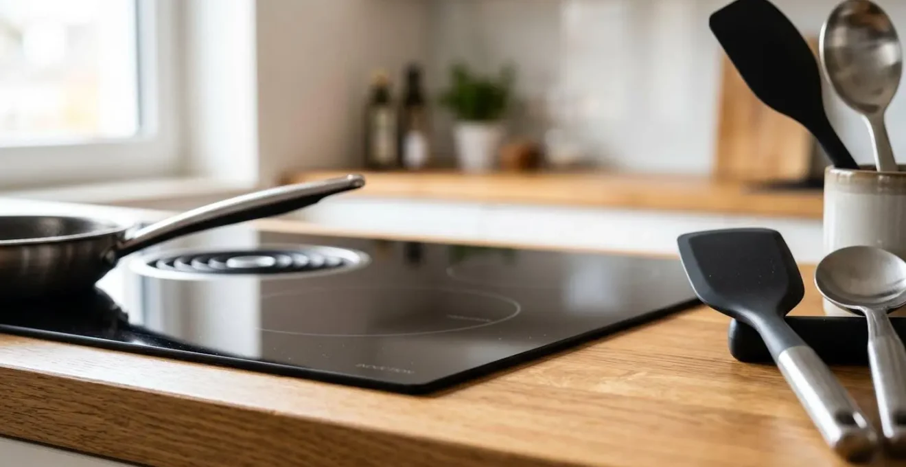 Gros plan sur une kitchenette contemporaine équipée de plaques à induction, ustensiles rangés et plan de travail en bois clair, éclairée par une lumière naturelle latérale